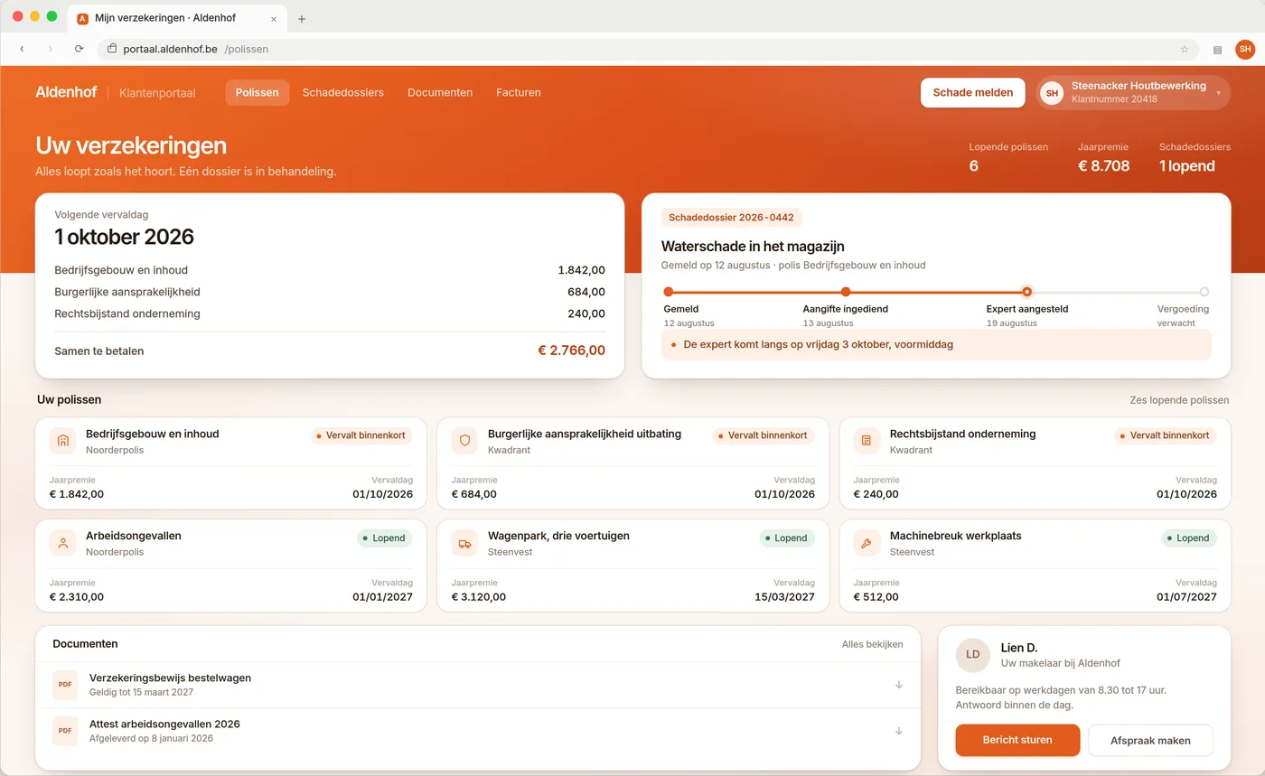 Een klantportaal: de klant ziet zijn eigen overzicht, zijn documenten en wat er nog openstaat.