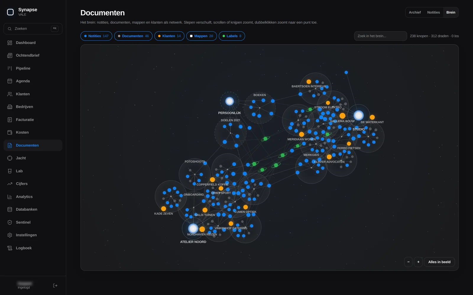 Het documentenscherm van Synapse: notities, documenten, klanten en mappen als netwerk.